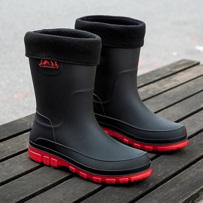 Mid-Calf Slip-Resistant Rain Boots for Men - Cotton Red