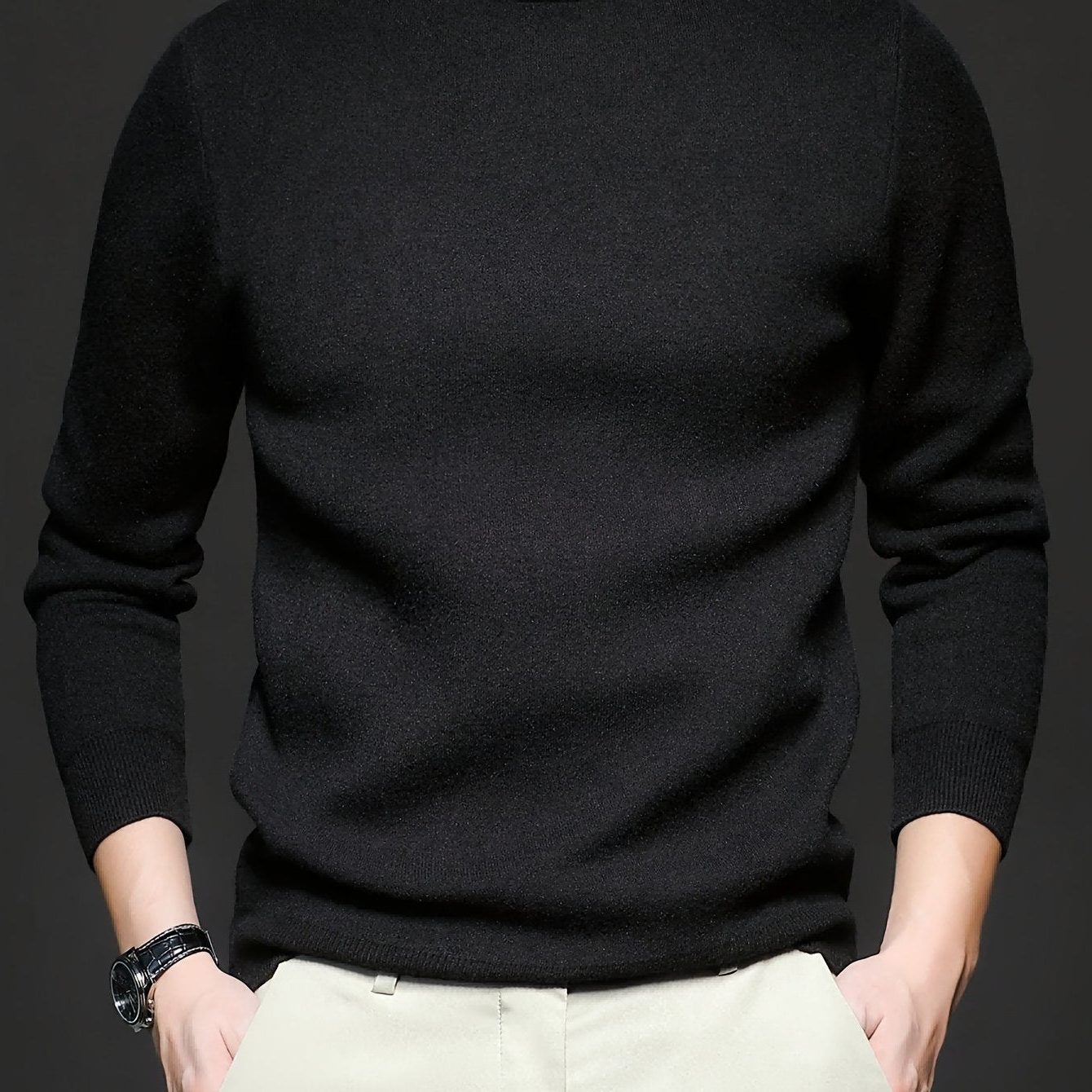 Mock-Neck Ribbed Knit Jumper for Men - Black