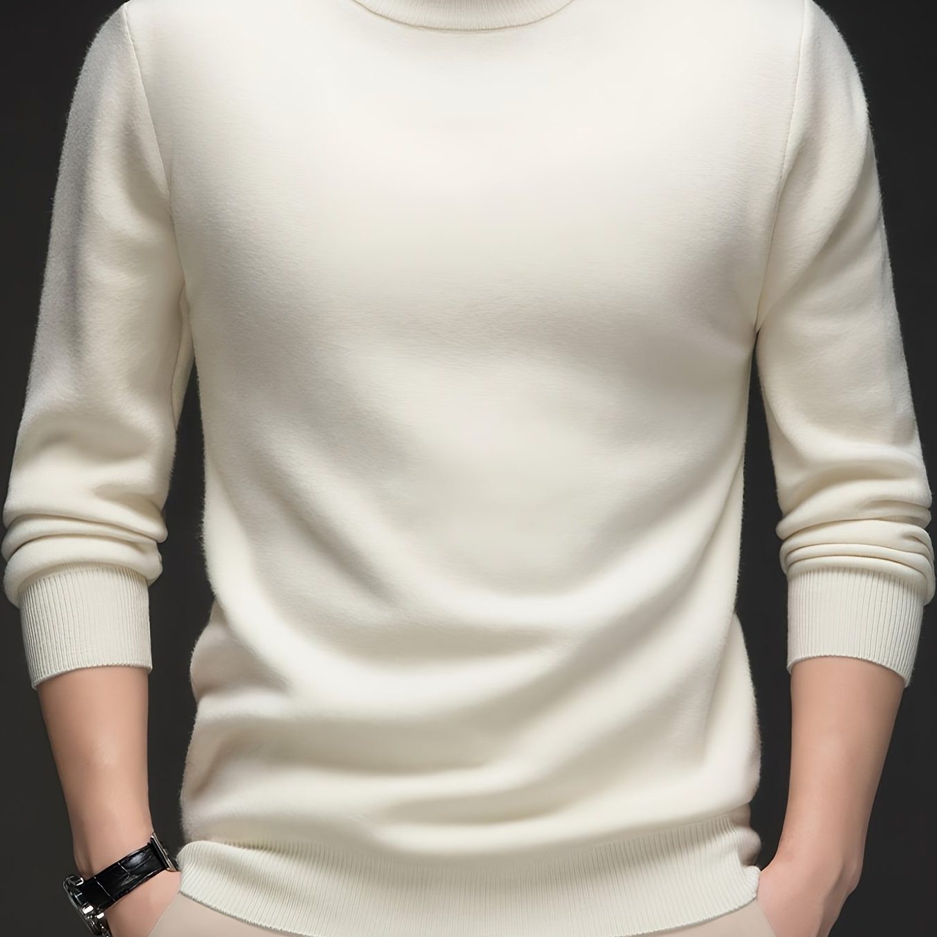 Mock-Neck Ribbed Knit Jumper for Men - White
