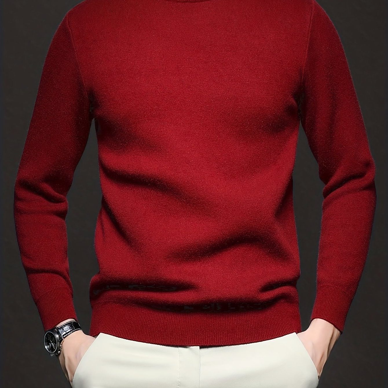 Mock-Neck Ribbed Knit Jumper for Men - Red