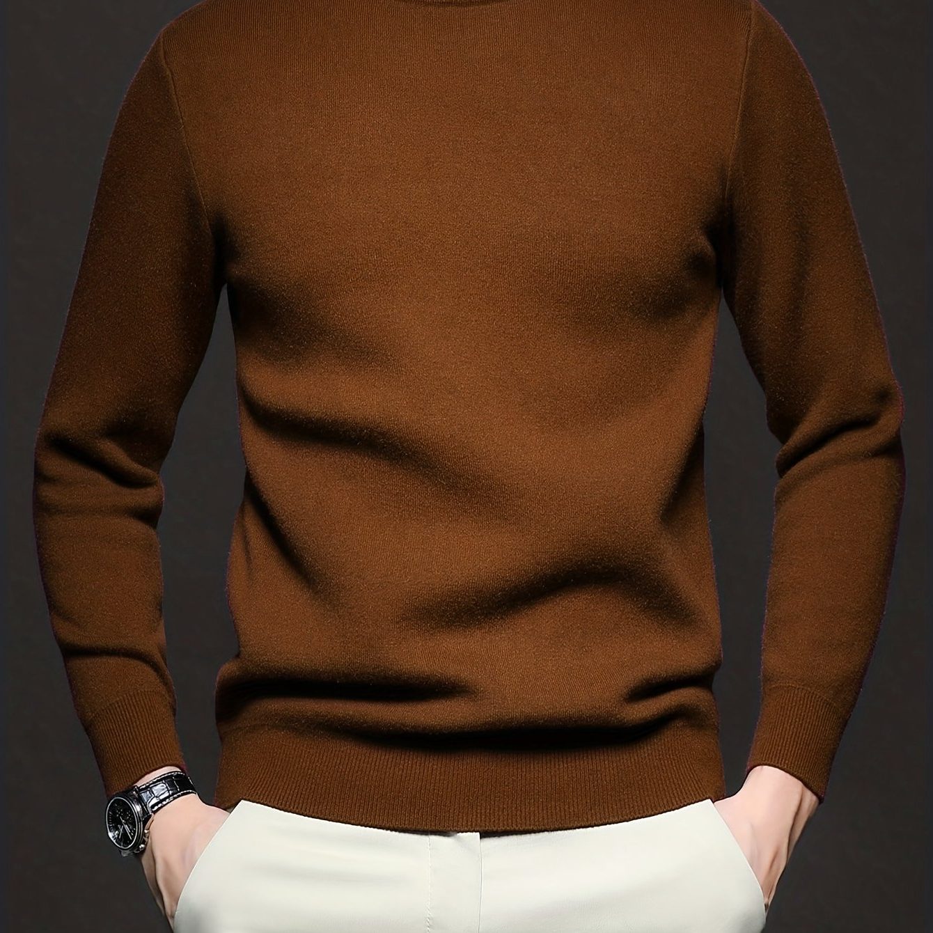 Mock-Neck Ribbed Knit Jumper for Men - Olive Brown