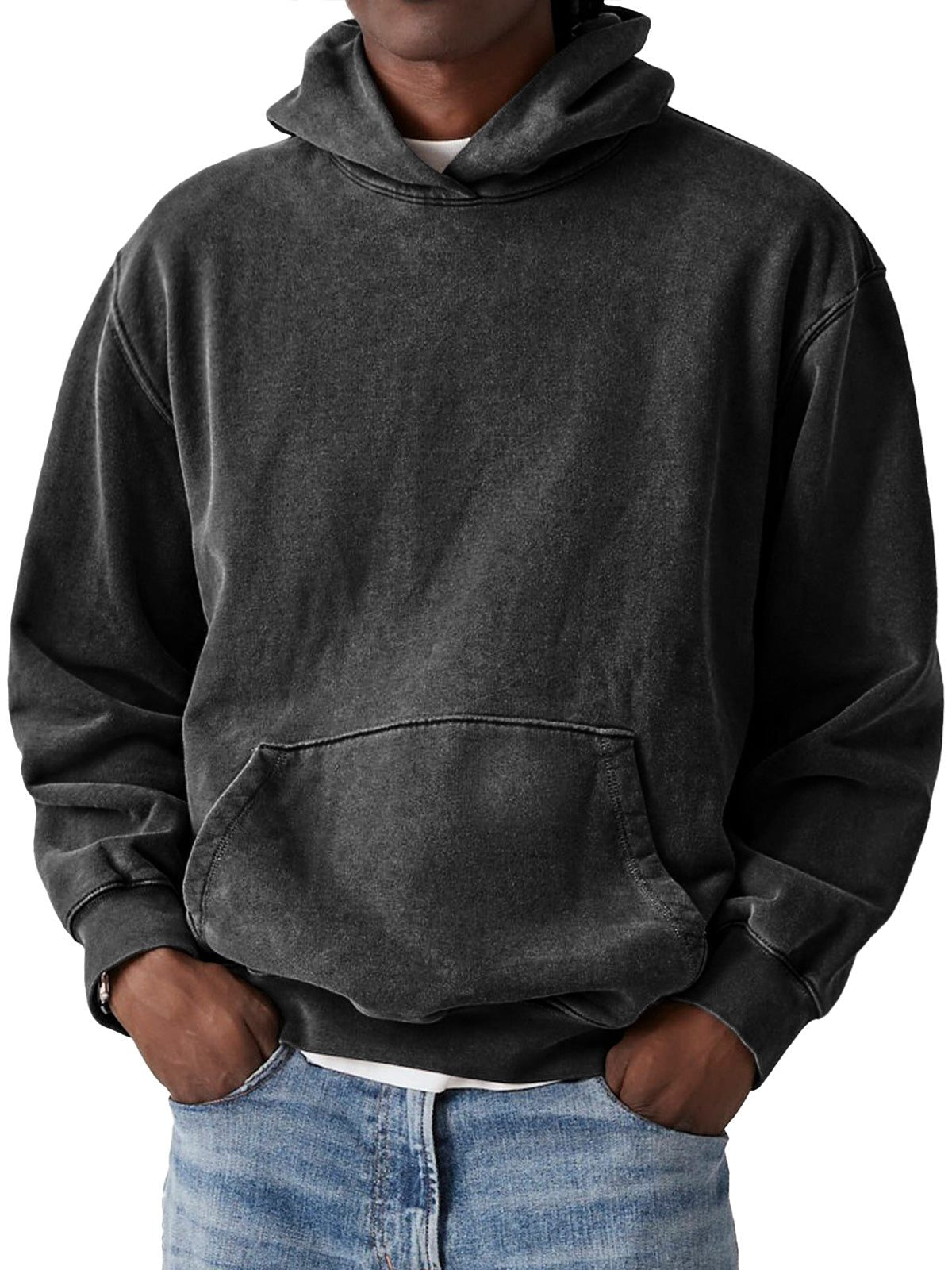 Oversized Washed Cotton Hoodie for Men - Black