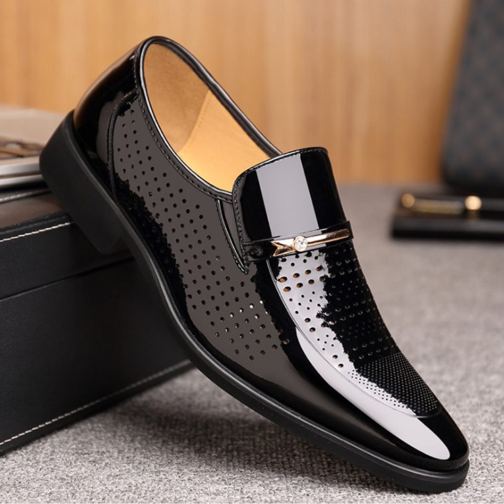 Patent Leather Loafers with Metal Bar Detail for Men - Black Brogue
