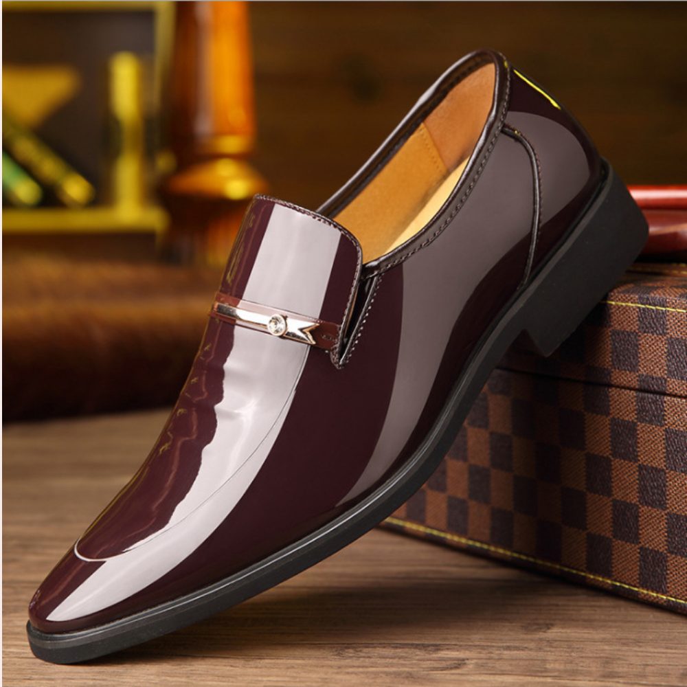 Patent Leather Loafers with Metal Bar Detail for Men - Brown