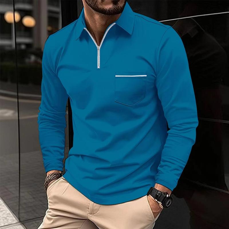 Long Sleeve Zip Polo Shirt with Chest Pocket for Men