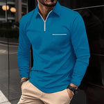 Long Sleeve Zip Polo Shirt with Chest Pocket for Men