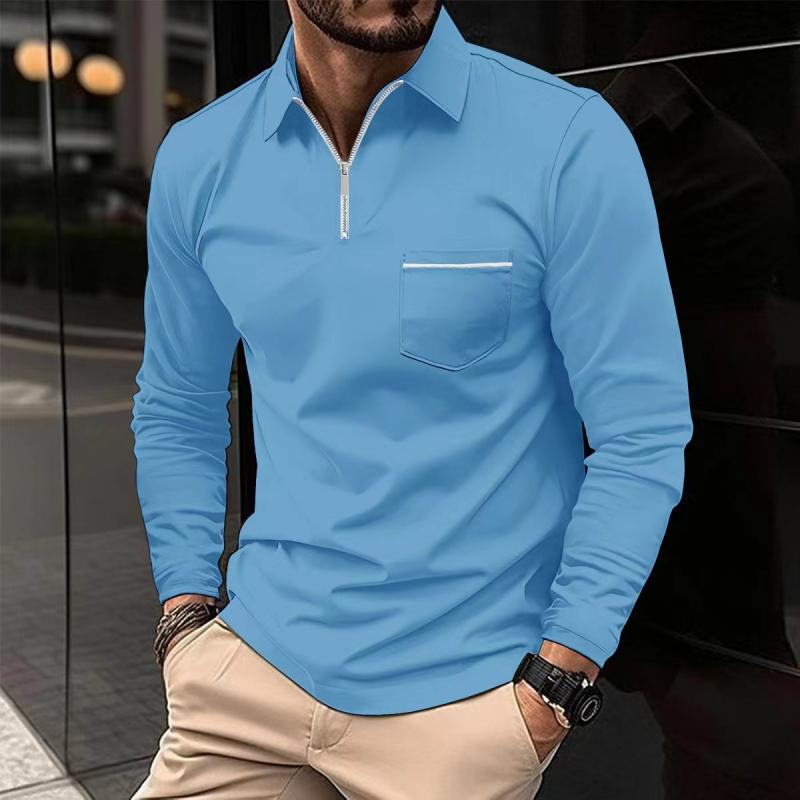 Long Sleeve Zip Polo Shirt with Chest Pocket for Men