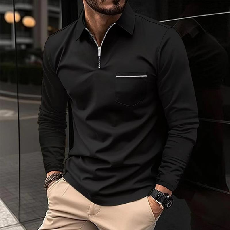 Long Sleeve Zip Polo Shirt with Chest Pocket for Men