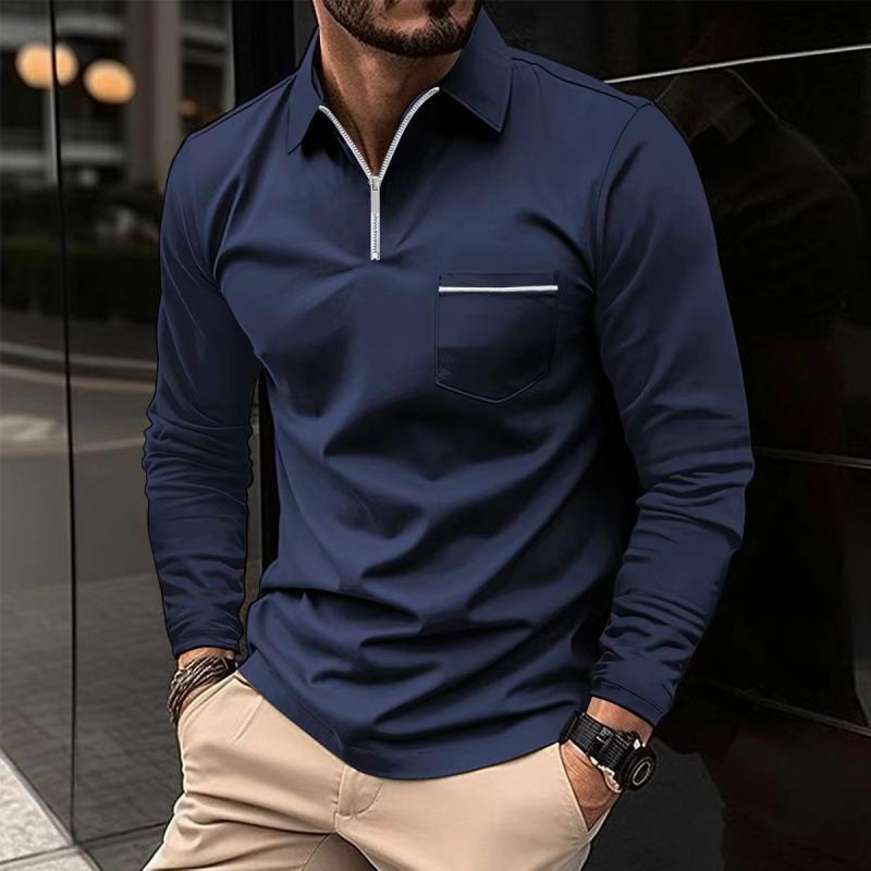Long Sleeve Zip Polo Shirt with Chest Pocket for Men