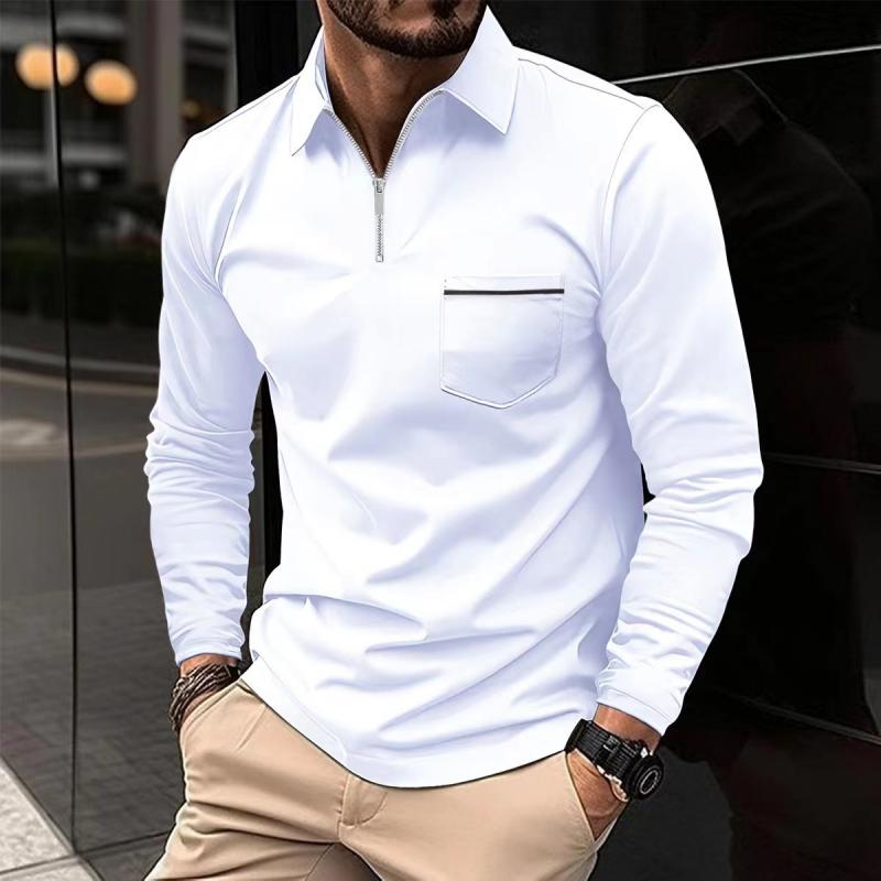 Long Sleeve Zip Polo Shirt with Chest Pocket for Men