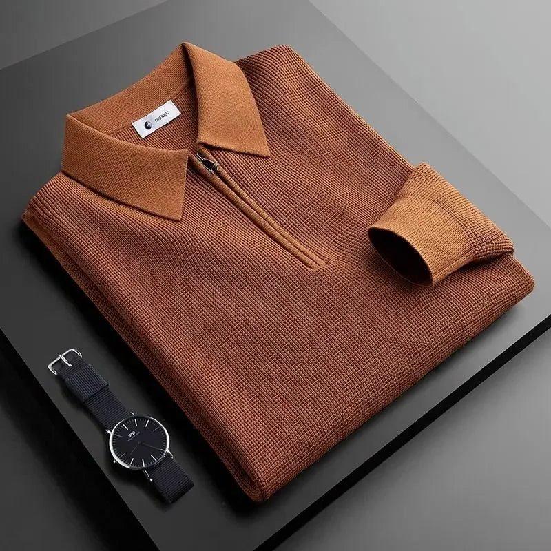 Polo Neck Ribbed Knit Pullover for Men