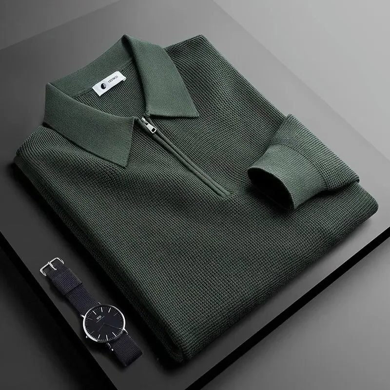 Polo Neck Ribbed Knit Pullover for Men - Green