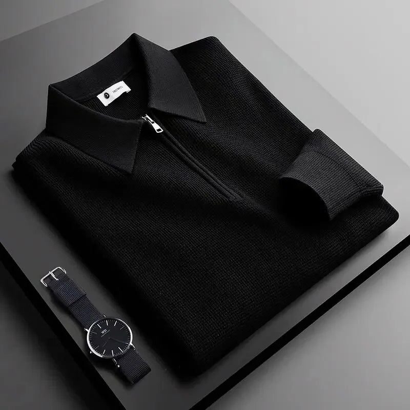 Polo Neck Ribbed Knit Pullover for Men - Black