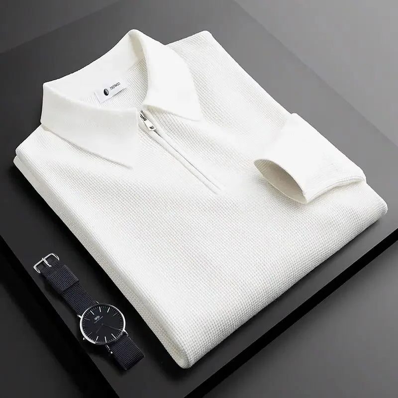 Polo Neck Ribbed Knit Pullover for Men - White
