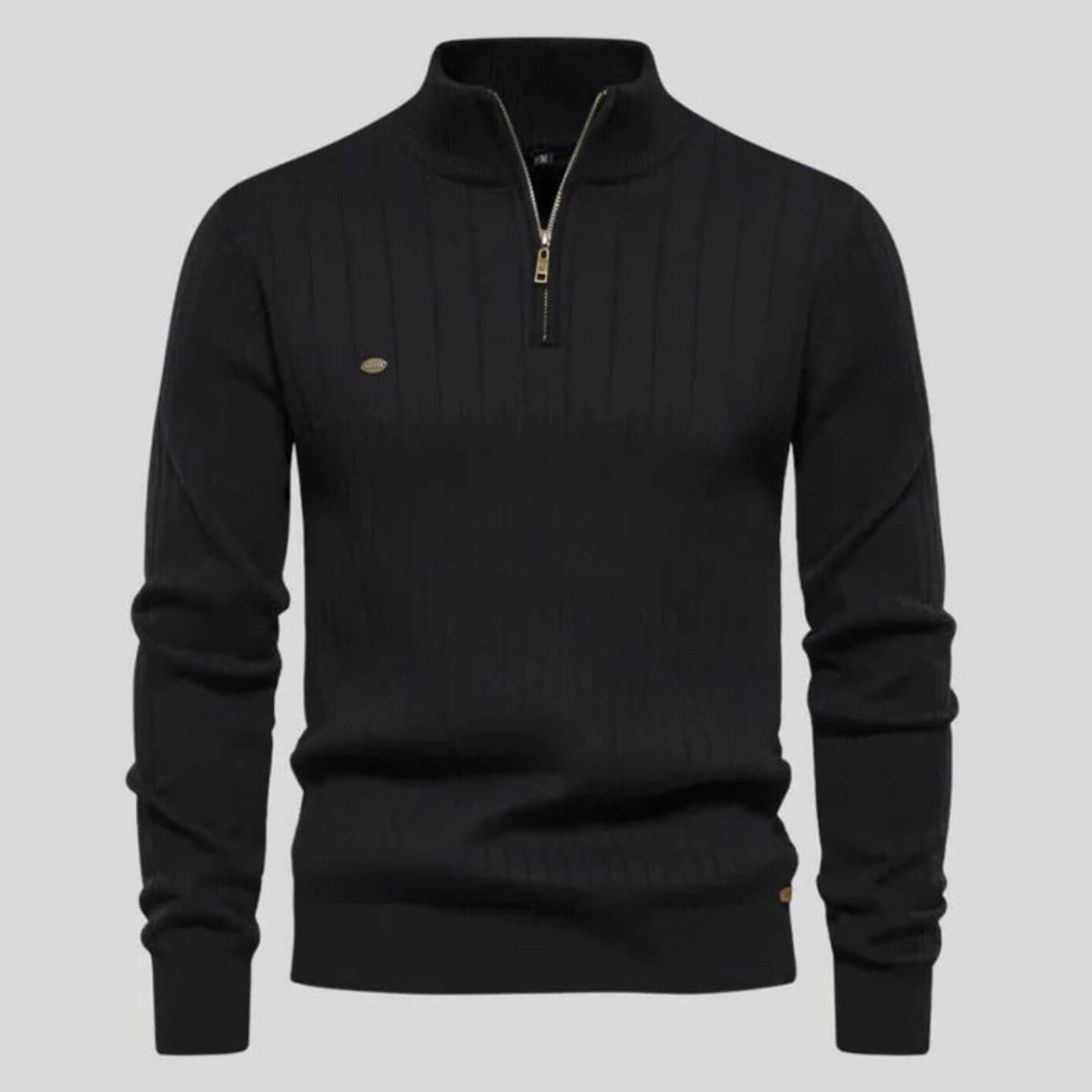 Quarter Zip Ribbed Knit Pullover for Men - Black