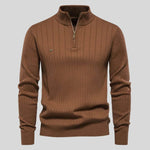Quarter Zip Ribbed Knit Pullover for Men - Brown