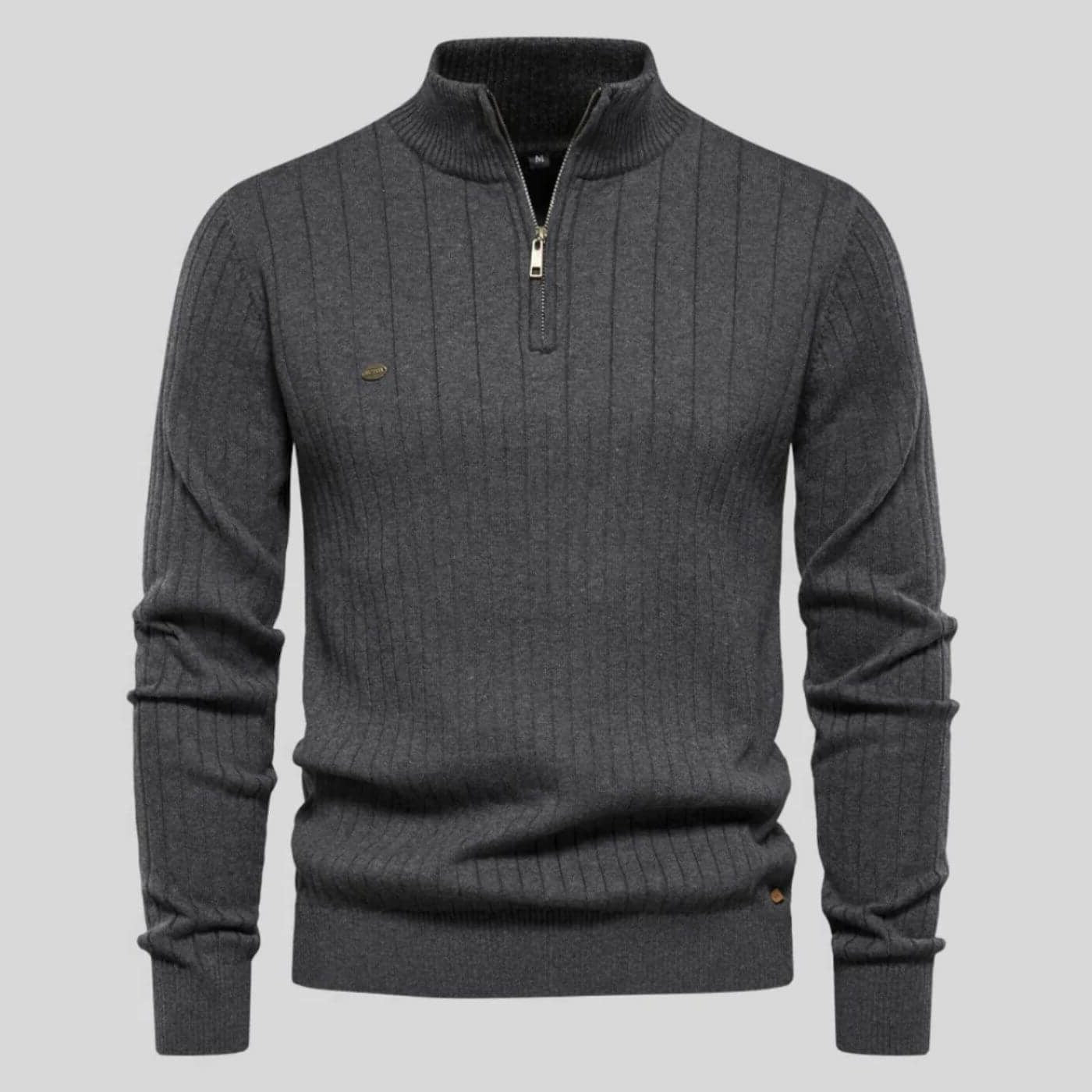 Quarter Zip Ribbed Knit Pullover for Men - Gray