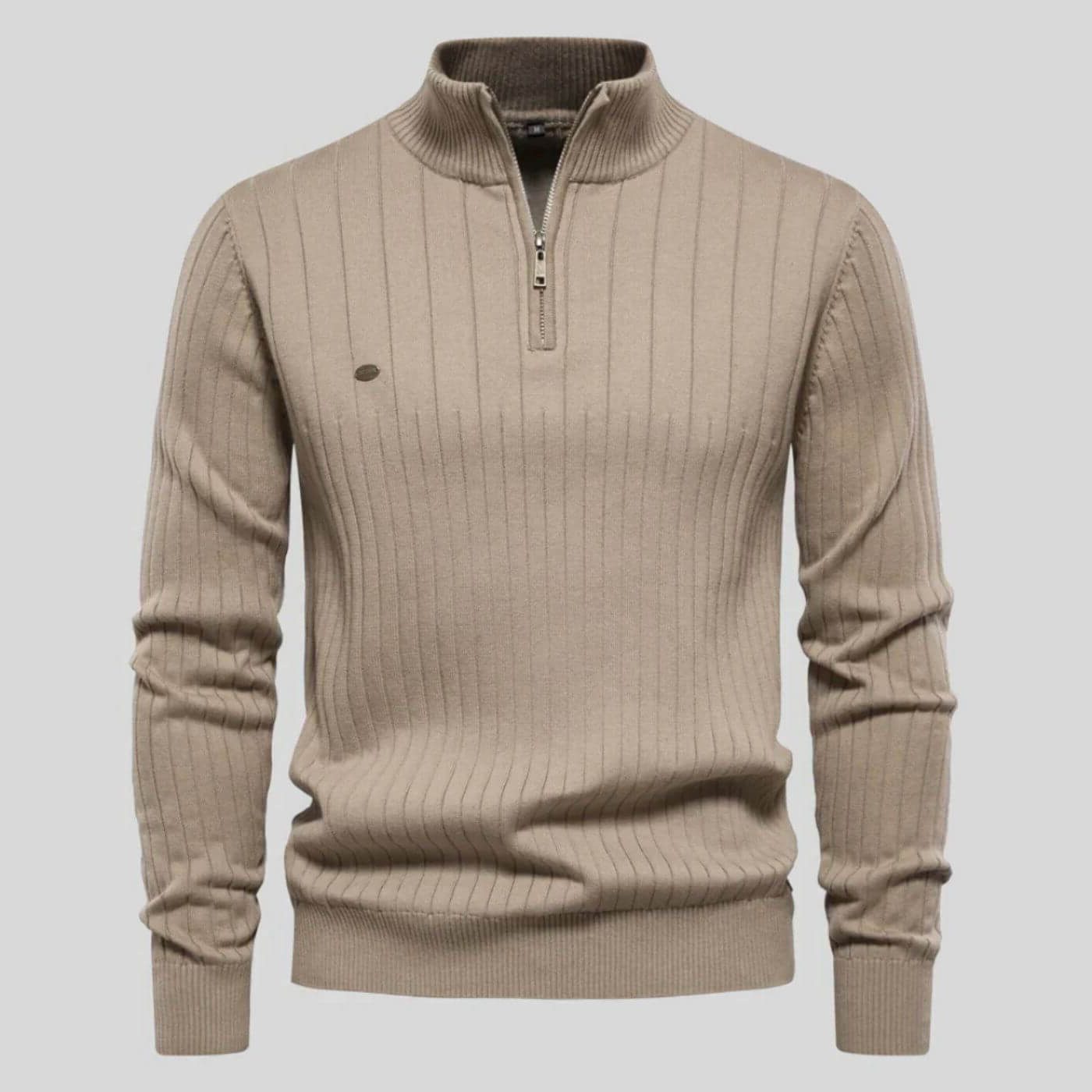Quarter Zip Ribbed Knit Pullover for Men - Beige