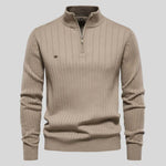 Quarter Zip Ribbed Knit Pullover for Men - Beige