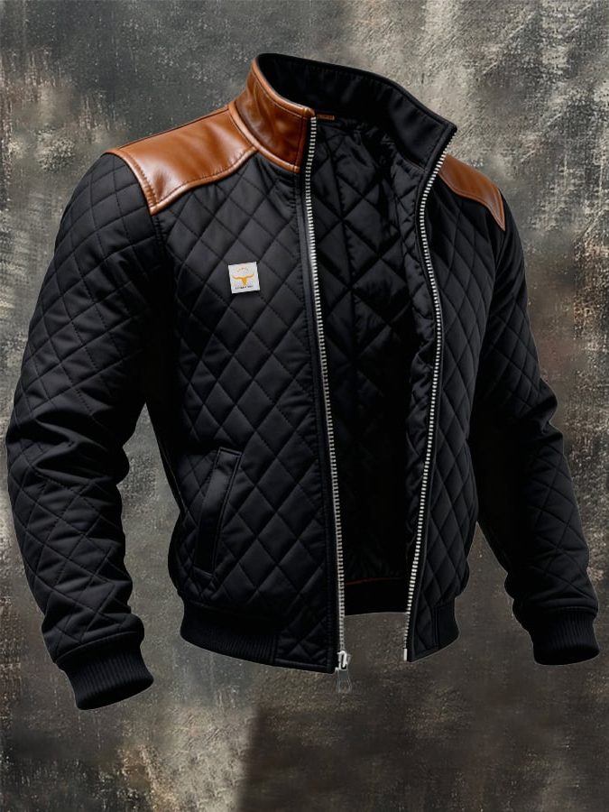 Quilted Bomber Jacket with Suede Collar for Men