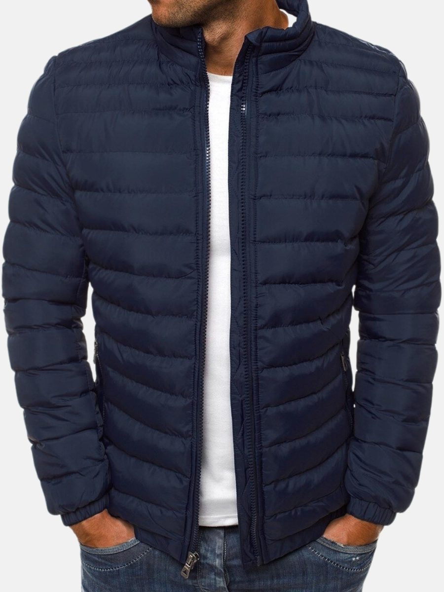 Lightweight Padded Bomber Jacket with Stand Collar for Men - Navy