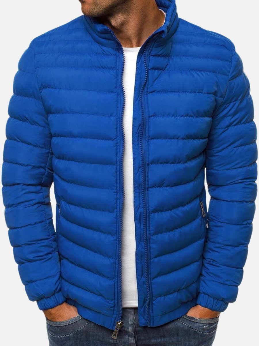 Lightweight Padded Bomber Jacket with Stand Collar for Men - Blue