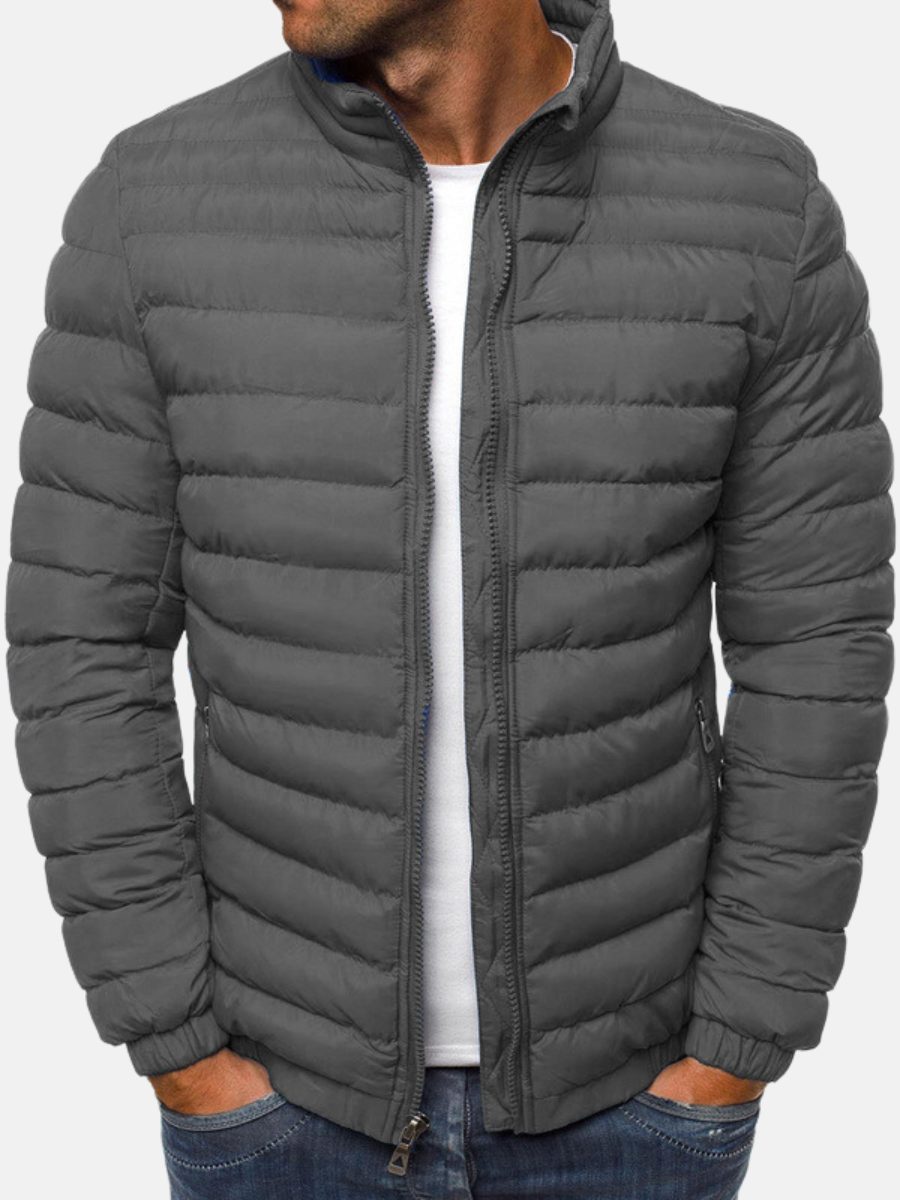 Lightweight Padded Bomber Jacket with Stand Collar for Men - Grey