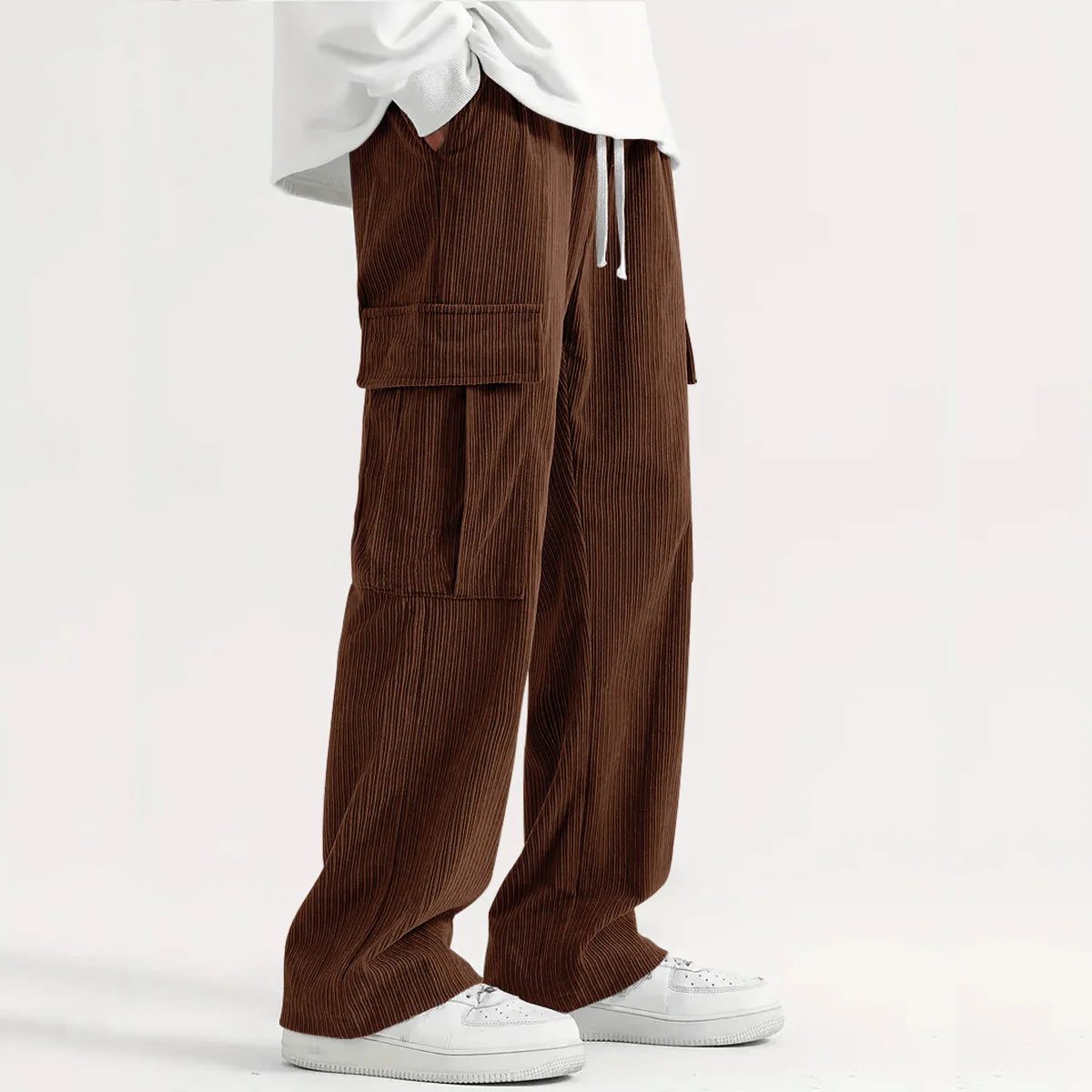 Corduroy Cargo Trousers with Relaxed Fit for Men