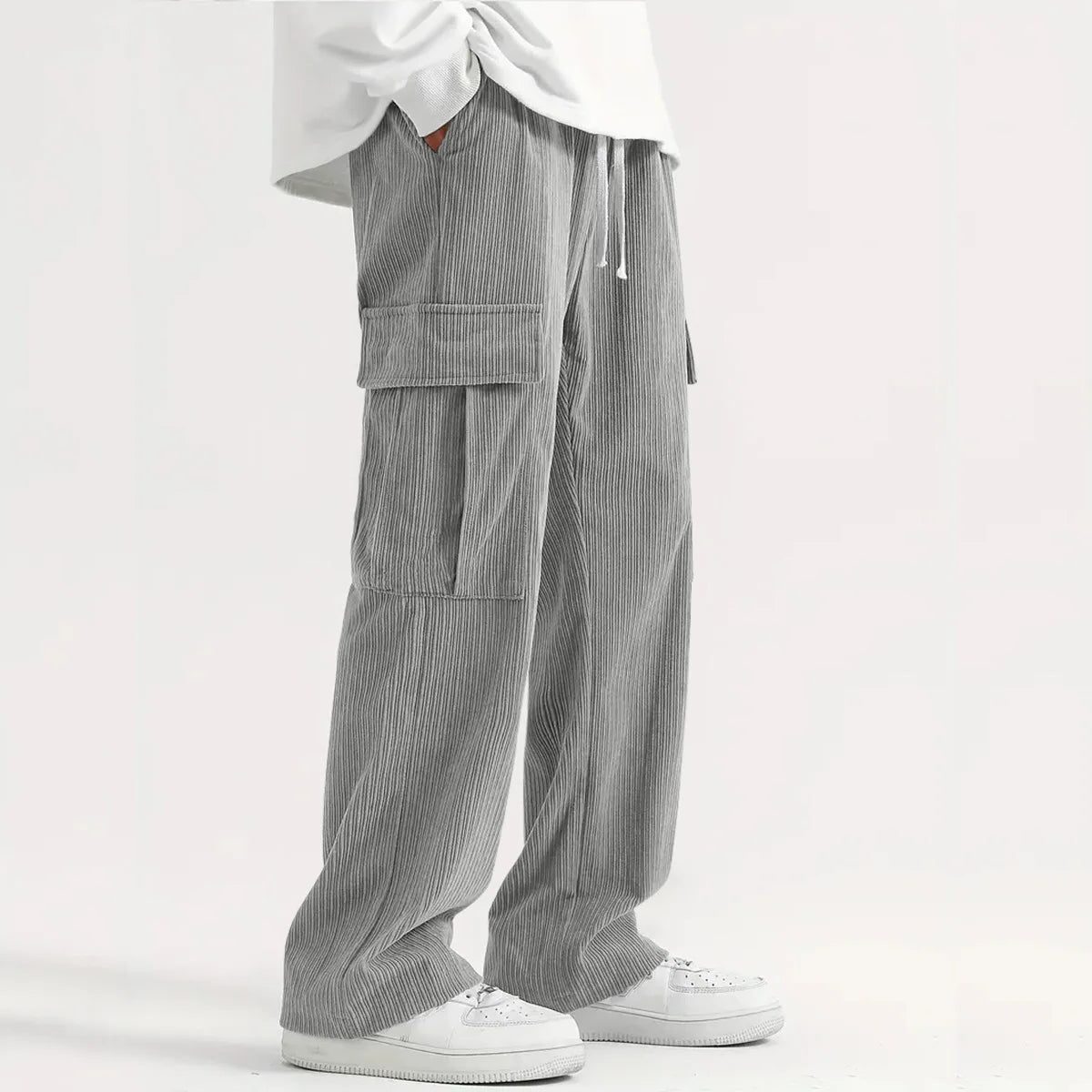 Corduroy Cargo Trousers with Relaxed Fit for Men - Grey