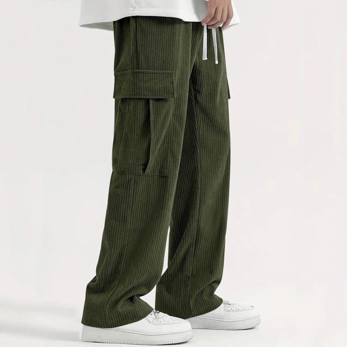 Corduroy Cargo Trousers with Relaxed Fit for Men - Army Green