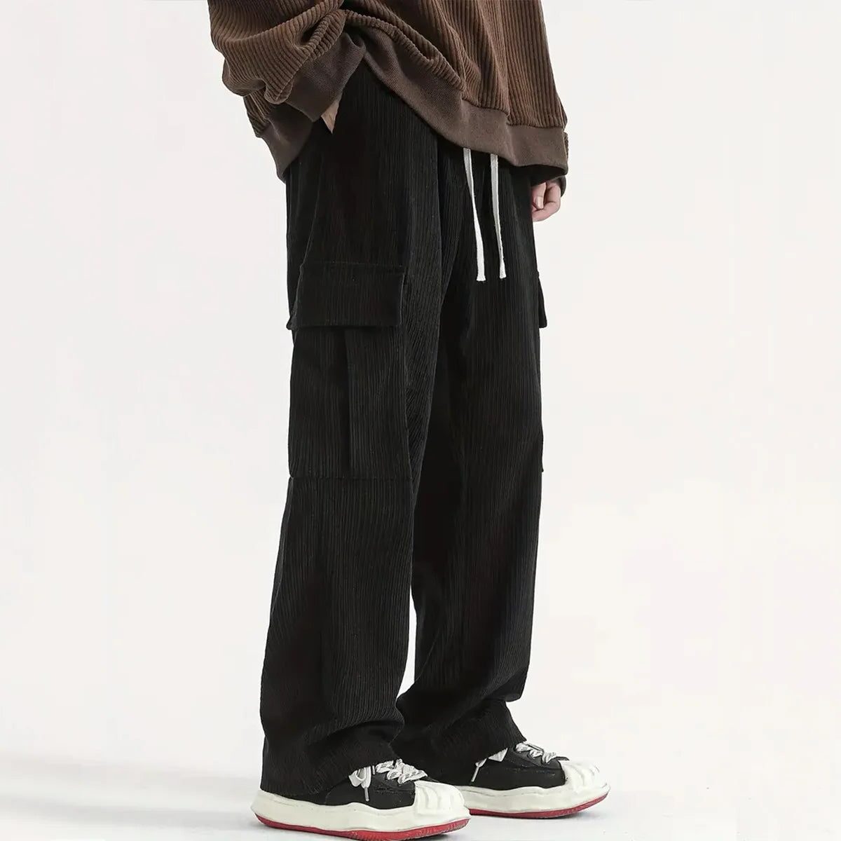 Corduroy Cargo Trousers with Relaxed Fit for Men - Black