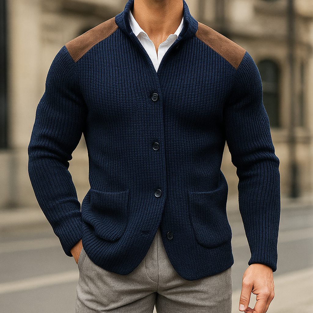 Ribbed Knit Button Cardigan for Men - Navy Blue