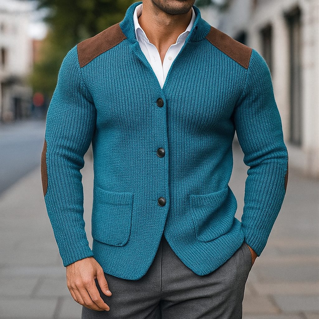 Ribbed Knit Button Cardigan for Men - Ocean Blue