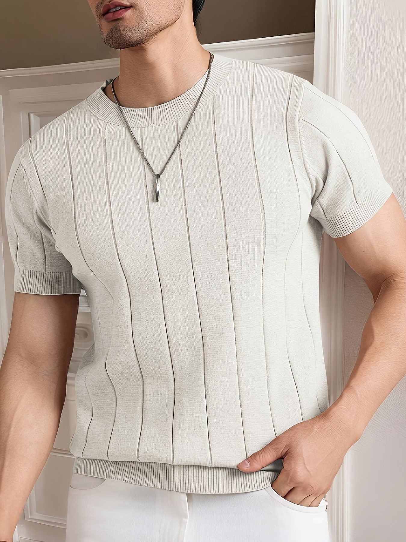 Ribbed Knit Crew Neck T-Shirt for Men - White