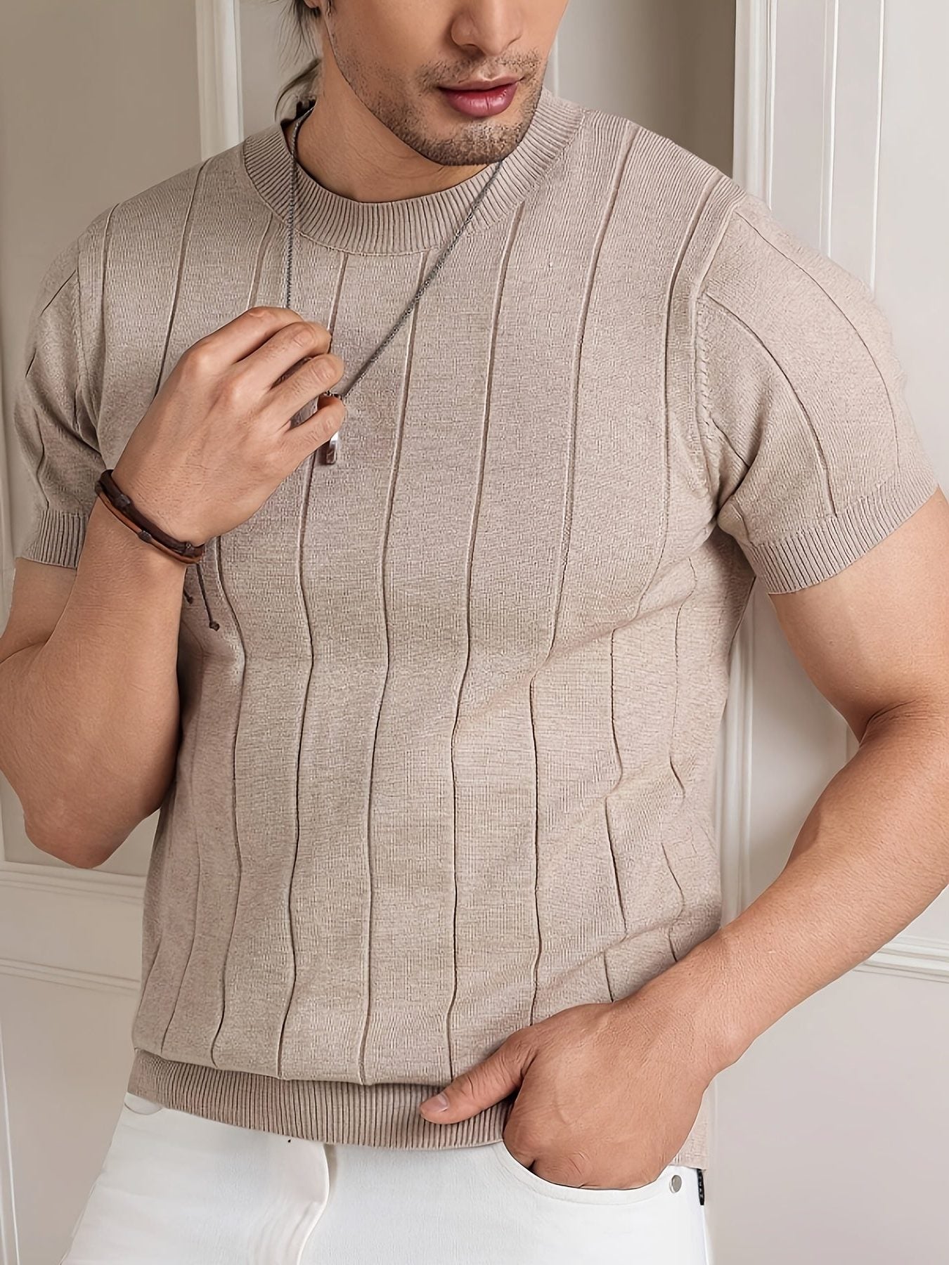 Ribbed Knit Crew Neck T-Shirt for Men - Beige