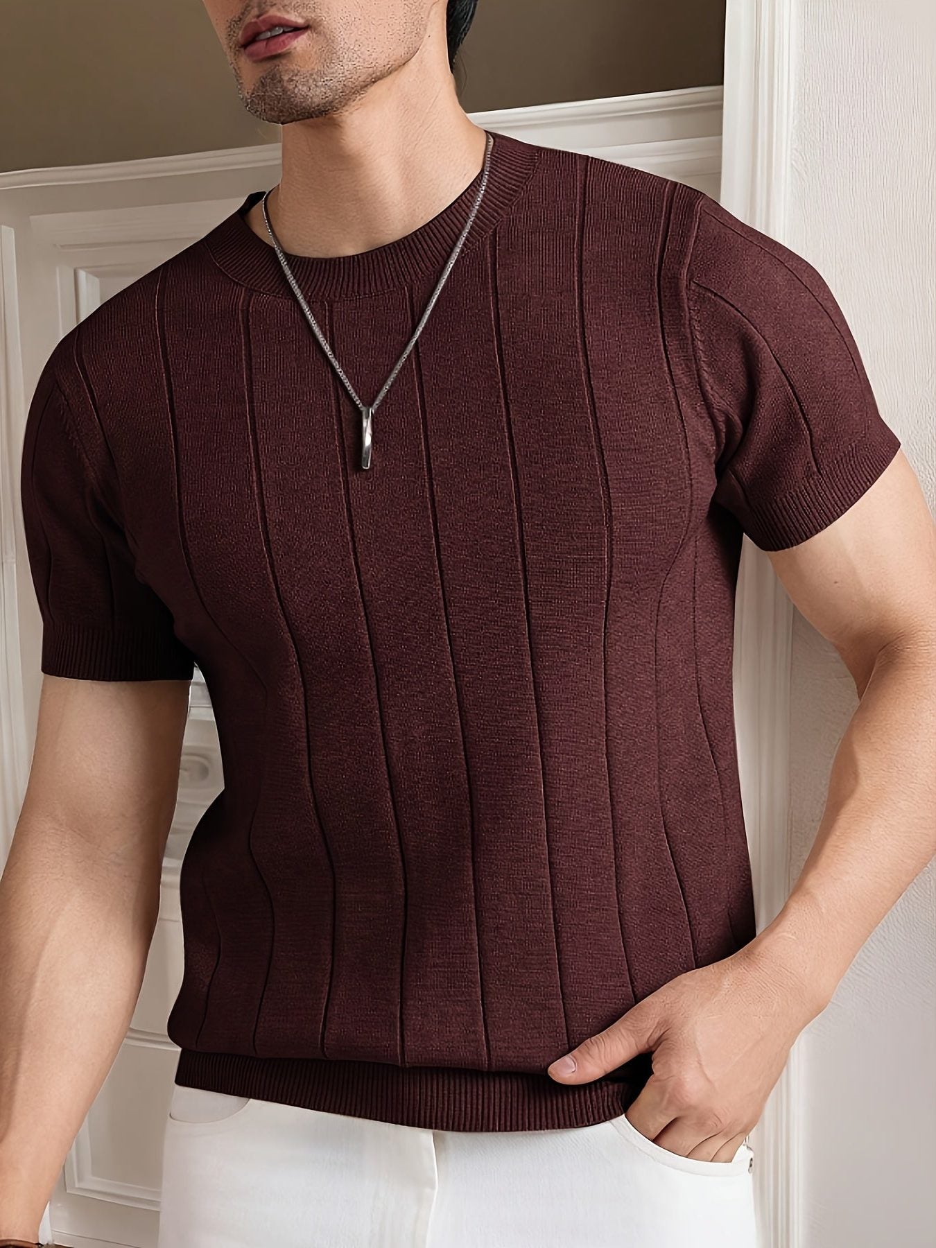 Ribbed Knit Crew Neck T-Shirt for Men - Brown