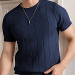 Ribbed Knit Crew Neck T-Shirt for Men - Navy Blue