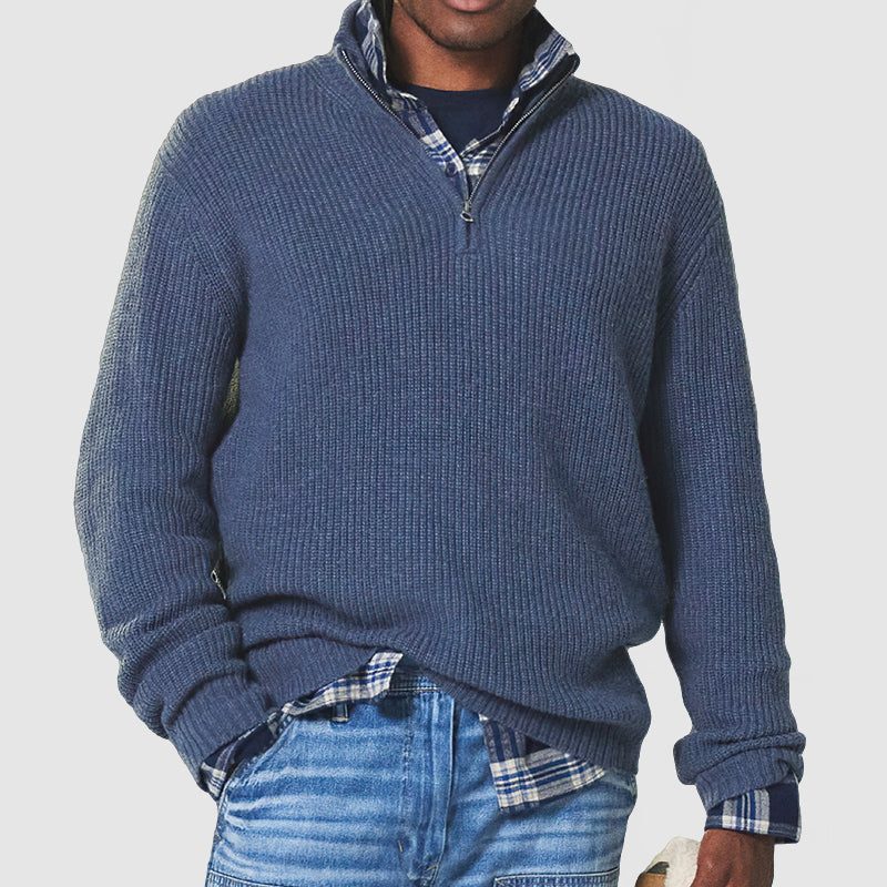 Chunky Ribbed Knit Half-Zip Jumper for Men - Blue