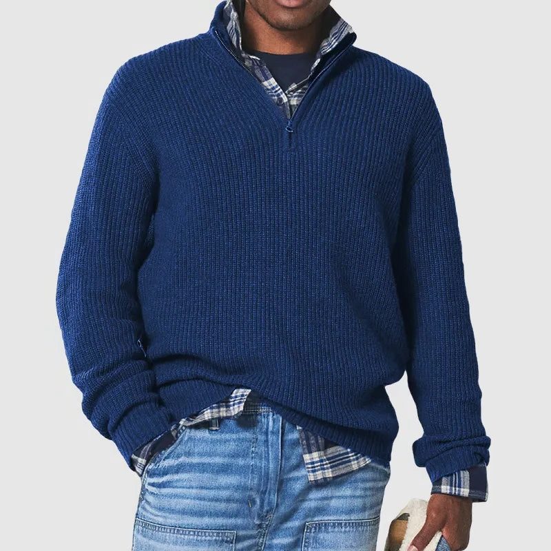 Chunky Ribbed Knit Half-Zip Jumper for Men - Dark Blue