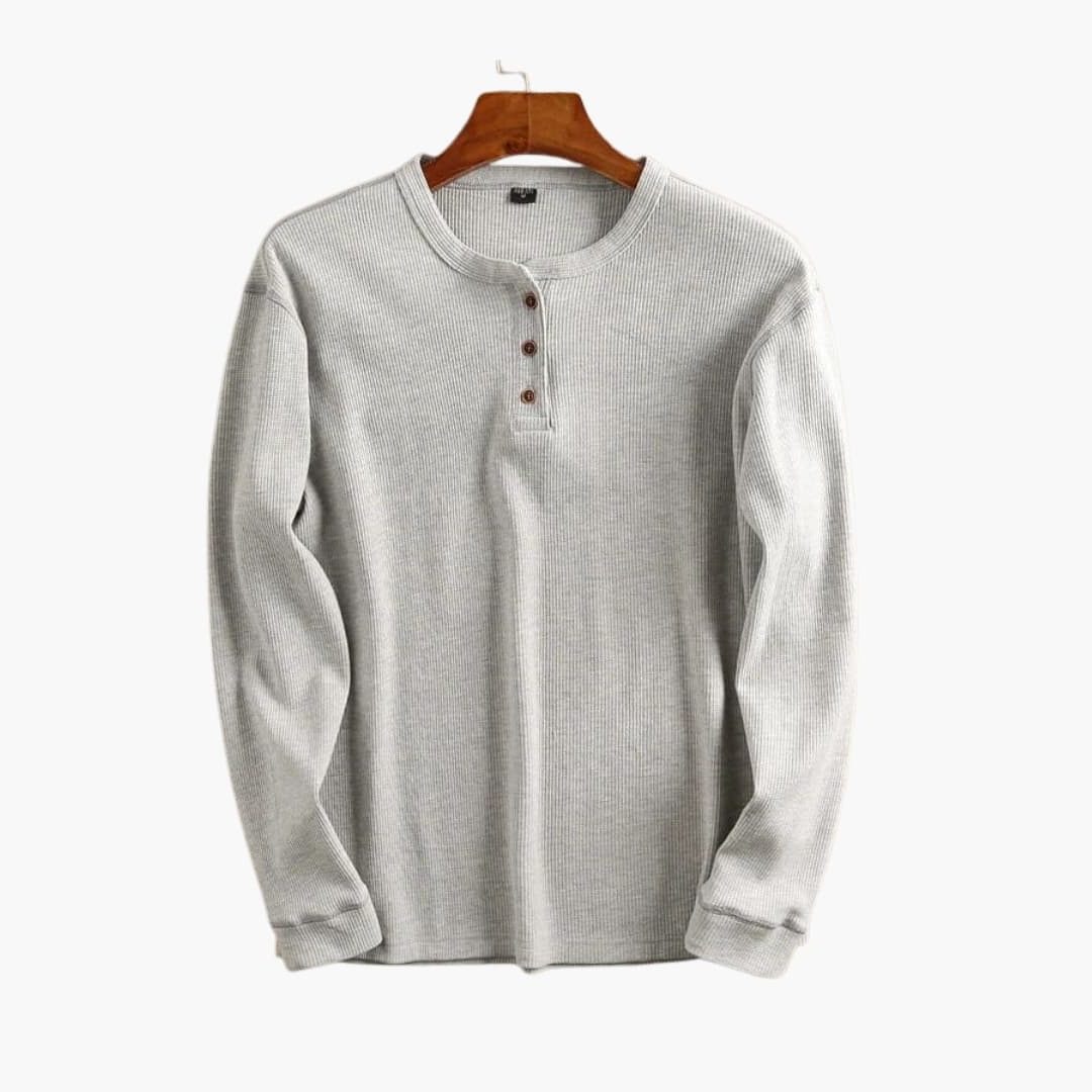 Ribbed Knit Henley Long Sleeve Top for Men - Light Grey