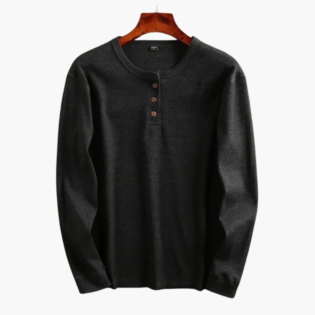 Ribbed Knit Henley Long Sleeve Top for Men - Dark Grey