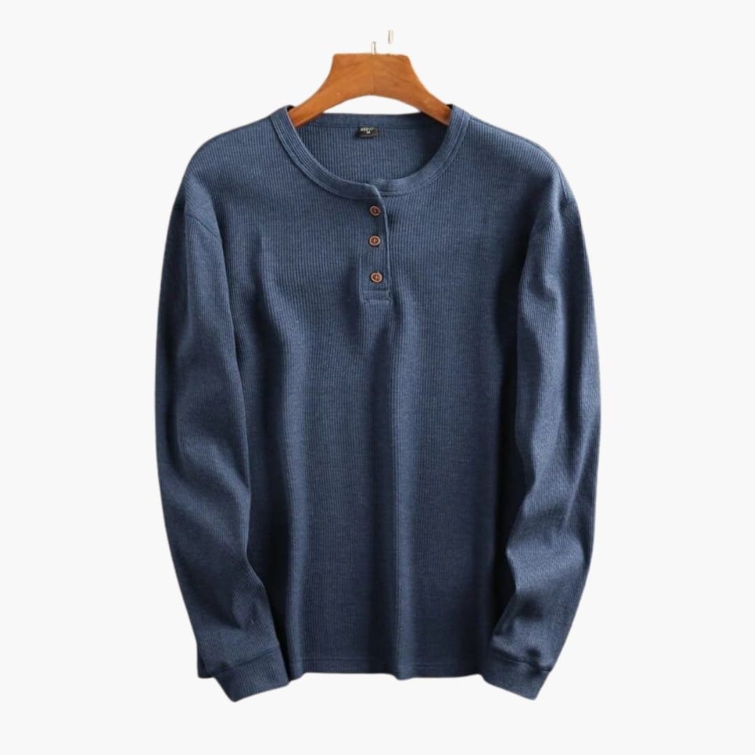 Ribbed Knit Henley Long Sleeve Top for Men - Navy