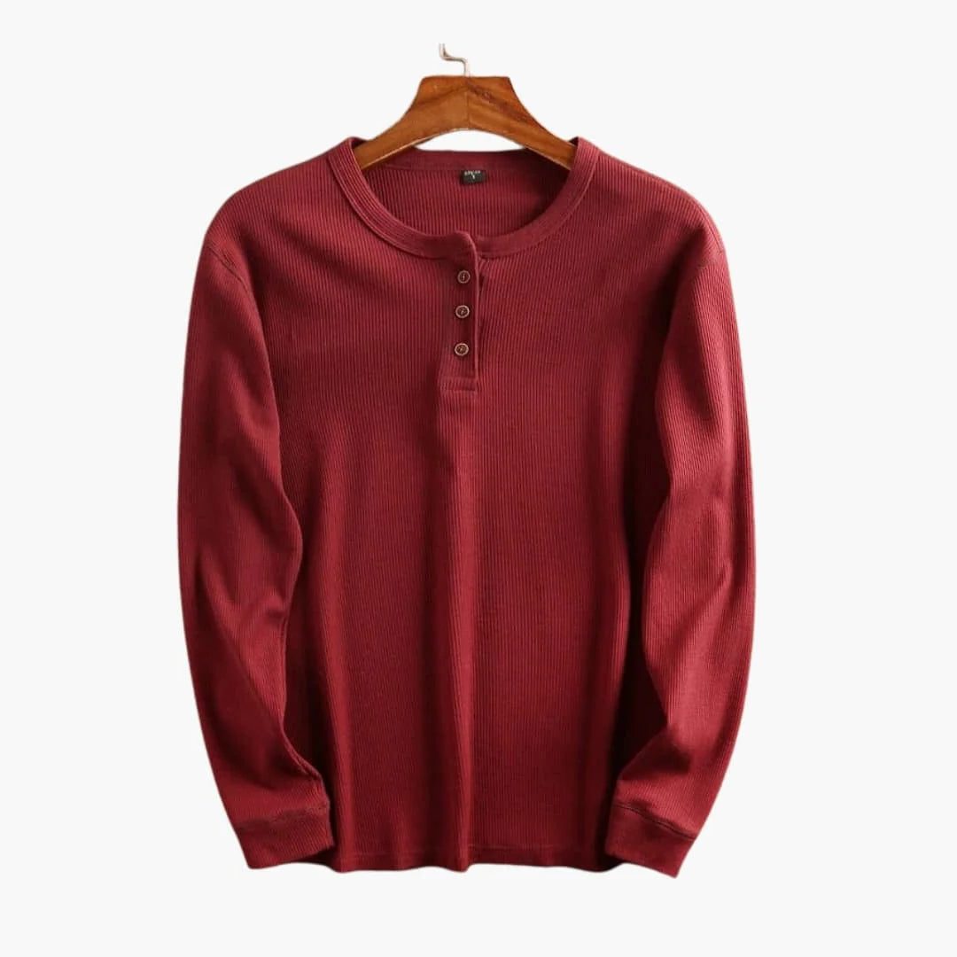 Ribbed Knit Henley Long Sleeve Top for Men - Red