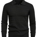 Ribbed Knit Polo Collar Sweater for Men - Black