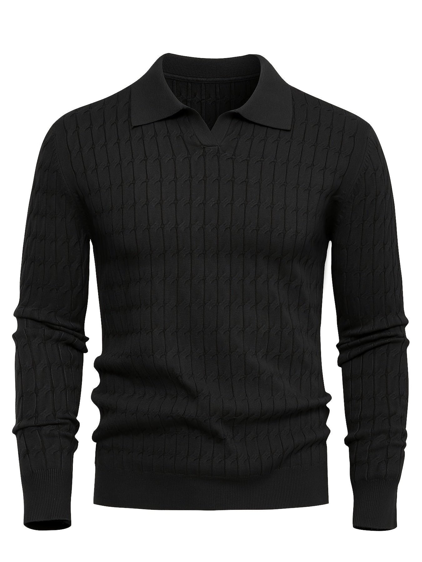 Ribbed Knit Polo Collar Sweater for Men - Black