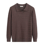 Ribbed Knit Polo Collar Sweater for Men - Brown