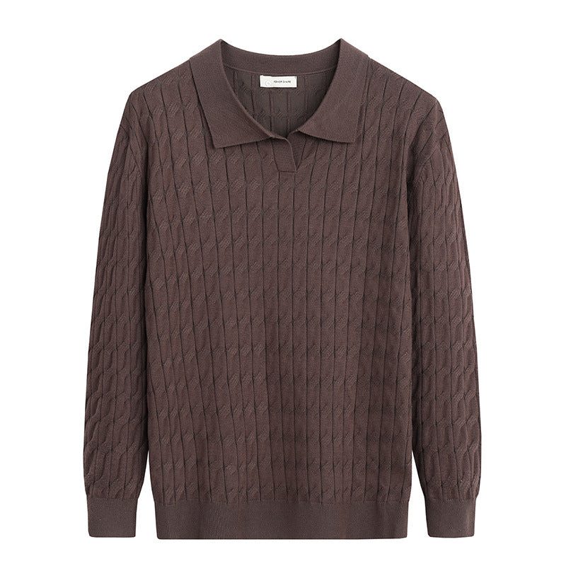 Ribbed Knit Polo Collar Sweater for Men - Brown