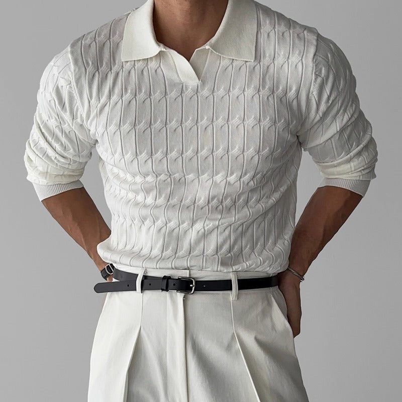 Ribbed Knit Polo Collar Sweater for Men - White