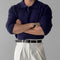 Ribbed Knit Polo Collar Sweater for Men - Navy Blue