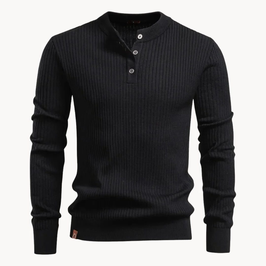Ribbed Knit Round Neck Jumper with Button Closure for Men